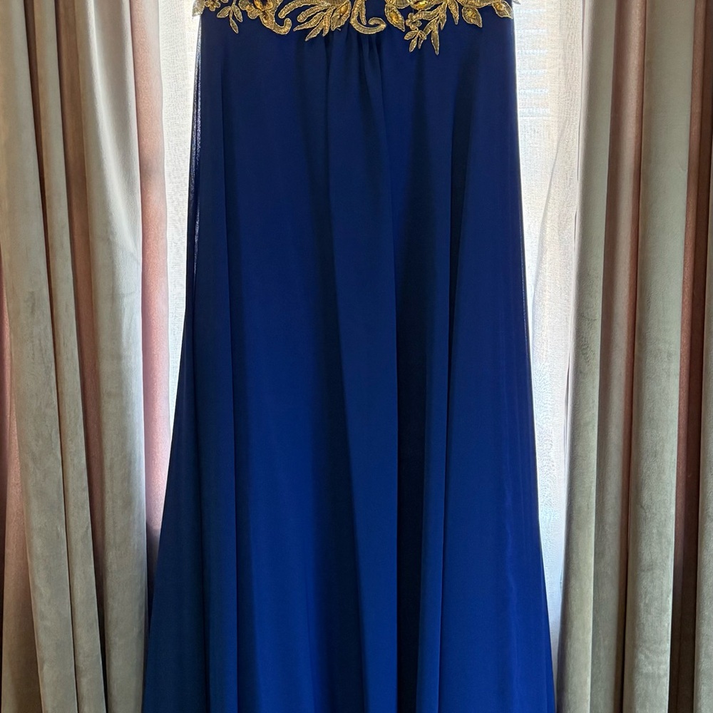 Cobalt blue evening gown w/gold appliqué - Sweetheart - Floor length - Like new.